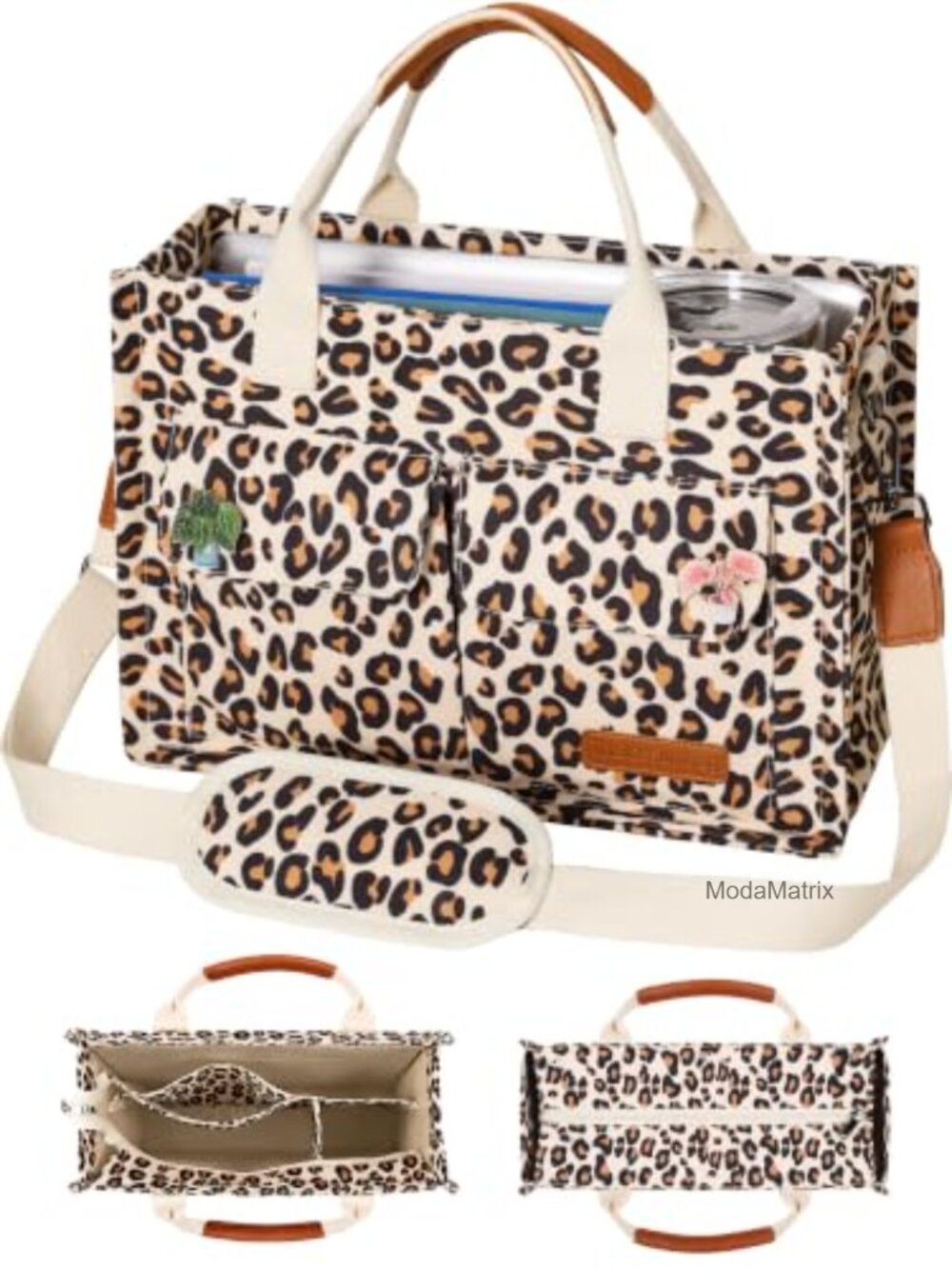 Canvas Tote Bag for Women Zipper Laptop Compartment 10 Pockets Work Bag